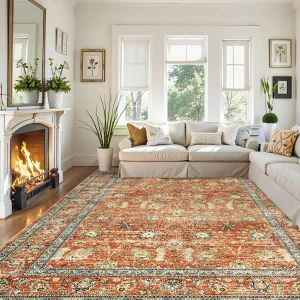 Washable 8x10 Rug - Stain Resistant, Non-Slip - Faux Wool, Pastel Botanical Design - Durable Edges, Rubber Backing - Living Room, Bedroom