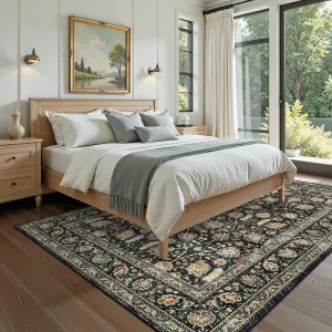 6x9 Washable Area Rug - Soft Vintage Boho Floral, Ultra-Thin Faux Wool, Stain Resistant, Non-Slip TPR Backing, Kid & Pet Friendly, Living Room Decor