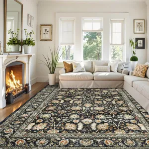 Vintage Large Floral Area Rug 9x12 Navy Blue - Machine Washable, Non-Slip Backing - Soft Low-Pile Synthetic Fiber - Stain-Resistant, Pet-Friendly - Living Room, Bedroom