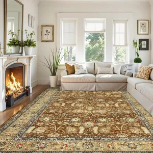 Washable 9x12 Area Rug - Non-Slip, Stain Resistant - Soft Faux Wool - Vintage Botanical Print - Kid & Pet Friendly - Living Room, Dining
