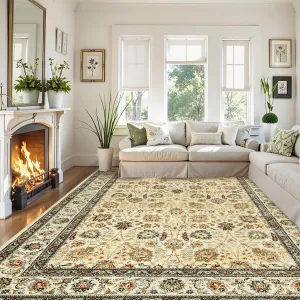 Vintage Large Floral Area Rug 5x7 - Machine Washable, Non-Slip, Stain-Resistant, Soft Low-Pile Synthetic Fiber, Pet-Friendly, Beige, Living Room