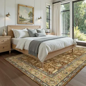 8x10 Washable Boho Area Rug - Soft Vintage Floral, Stain Resistant, Faux Wool, Non-Slip Backing, Ultra-Thin, Living Room & Bedroom