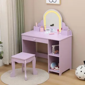 Kids Vanity with Lighted Mirror & Stool, 2 In 1 Little Girls Vanity and Wooden Makeup Playset with Adjustable LED Light, Storage Drawer & Shelves for Girls 3-9, Purple