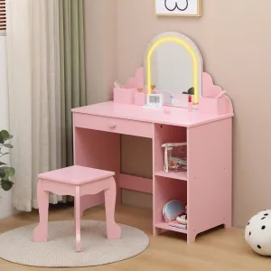 Kids Vanity with Lighted Mirror & Stool, 2 In 1 Little Girls Vanity and Wooden Makeup Playset with Adjustable LED Light, Storage Drawer & Shelves for Girls 3-9, Pink