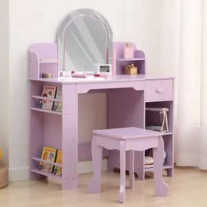 Kids Vanity with Lighted Mirror, 2 In 1 Little Girls Vanity Table & Stool, Kids Makeup Table with Bookshelf, Drawer & Open Shelves for 3-9 Yrs Girls, Purple
