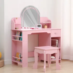 Kids Vanity with Lighted Mirror, 2 In 1 Little Girls Vanity Table & Stool, Kids Makeup Table with Bookshelf, Drawer & Open Shelves for 3-9 Yrs Girls, Pink