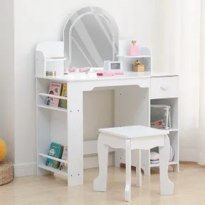 Kids Vanity with Lighted Mirror, 2 In 1 Little Girls Vanity Table & Stool, Kids Makeup Table with Bookshelf, Drawer & Open Shelves for 3-9 Yrs Girls, White
