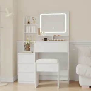 Vanity Desk with Mirror and Lights, 36-Inch Modern Makeup Dressing Table with Outlets, 4 Drawers, Stool & Hair Dryer Holder - 3 Colors LED Vanity Mirror, Vanities for Bedroom, Women, White