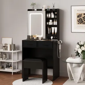Makeup Vanity Desk with Mirror and Lights, Vanity Table with Charging Station, Power Outlets & USB Ports, Drawers, Shelves, Stool Included, LED Vanity Desk for Bedroom, Black