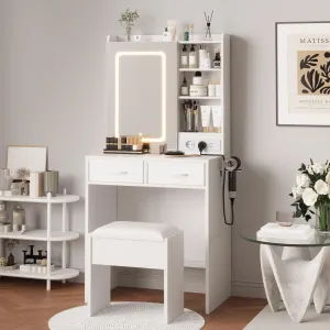 Makeup Vanity Desk with Mirror and Lights, Vanity Table with Charging Station, Power Outlets & USB Ports, Drawers, Shelves, Stool Included, LED Vanity Desk for Bedroom, White