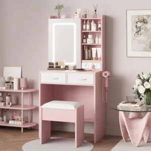 Makeup Vanity Desk with Mirror and Lights, Vanity Table with Charging Station, Power Outlets & USB Ports, Drawers, Shelves, Stool Included, LED Vanity Desk for Bedroom, Pink