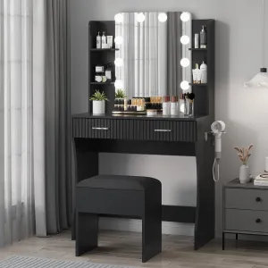 Makeup Vanity Desk with Mirror and 12 LED Lights, Vanity Table with Power Outlet, 2 Drawers 6 Shelves, Hair Dryer Holder & Stool, Modern Dressing Table Furniture with Storage for Bedroom, Black