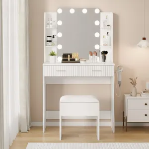 Makeup Vanity with Mirror and LED Lights, Vanity Desk with Power Outlet, 2 Drawers 6 Shelves, Hair Dryer Rack & Stool, Modern Dressing Table with Storage for Bedroom, White