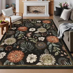 Floral Rug 5x7 Washable Non Slip Stain-Resistant Boho Rug for Living Room Bedroom Nursery Black