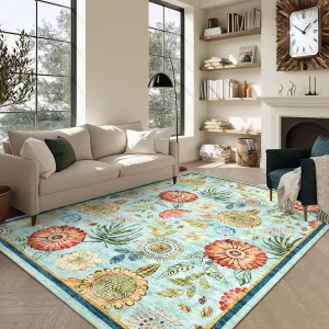 8x10 Floral Washable Area Rug With Non-Slip Backing For Living Room Bedroom Dining Room 8x10ft Light Blue