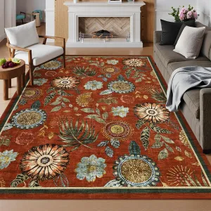 5x7 Floral Washable Area Rug With Non-Slip Backing For Living Room Bedroom Dining Room, 5x7ft, Brick Red