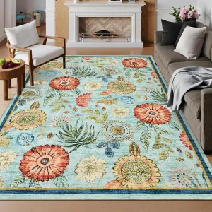 4x6 Floral Washable Area Rug With Non-Slip Backing For Living Room Bedroom Dining Room 4x6ft Light Blue