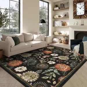 10x14 Floral Washable Area Rug with Non-Slip Backing for Living Room, Bedroom, Dining Room, Black