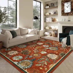 Brick Red 9x12 Floral Washable Area Rug With Non-Slip Backing For Living Room Bedroom Dining Room