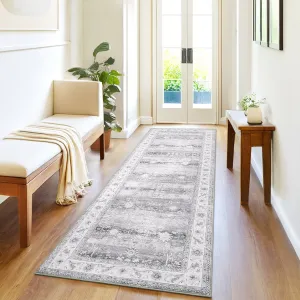 Washable Runner Rug Floral Accent Non-Shedding Low Pile Carpet 2x6 Gray for Hallway Kitchen Laundry Porch