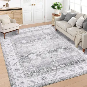 Washable Rugs Modern Floral 8x10 Gray Low Pile Stain Resistant Non Slip Indoor Carpet for Living Room Bedroom Nursery