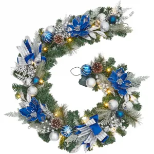 6ft Christmas Garland with 20 LED Lights, Battery Operated, 8 Lighting Modes, Artificial Pine, Blue Silver Ornaments, Timer, Indoor Outdoor Decor