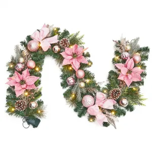 6ft Prelit Christmas Garland with 20 LED Lights, Pink Ball Ornaments, Timer, Artificial Pine, Bows, Flexible for Indoor Outdoor Decor