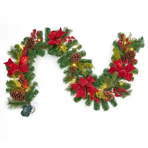 6 FT Christmas Garland with 20 Led Lights, Artificial Christmas Garland with Pine Cones, Red Berries & Bows, Xmas Decoration for Indoor Outdoor Mantle Stairs Fireplace
