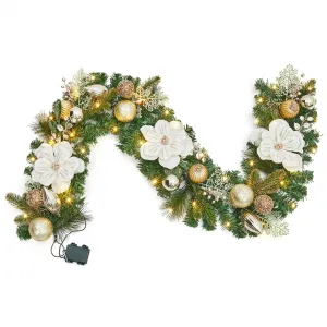 6FT Christmas Garland with 20 LED Lights, Timer, Magnolia Flowers, Gold Balls, Battery Operated, Indoor & Outdoor Holiday Decor