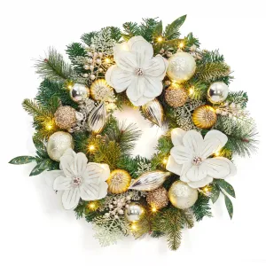 Christmas Wreath with Lights, 24 in Outdoor Christmas Wreaths for Front Door, Battery Operated Xmas Wreath with Magnolia Flower, Gold Ball Ornamants & 20 LED Lights for Home Holiday Decor