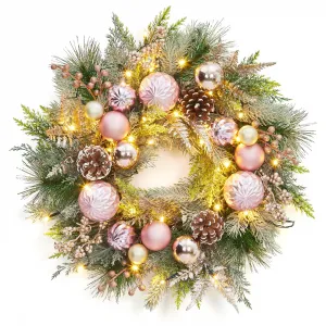 Pre-lit Pink Christmas Wreath for Front Door, 22" Large Lighted Christmas Wreath, Battery Operated Lighted Xmas Wreaths with Balls 30 Lights and Timer for Indoor Outdoor Holiday Decorations