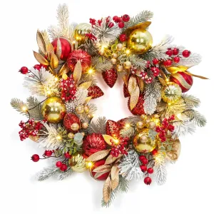 Christmas Wreath with Lights, 24 in Outdoor Christmas Wreaths for Front Door, Battery Operated Xmas Wreath with 20 LED Lights, Red Gold Ornaments, Snow Flocked Branch