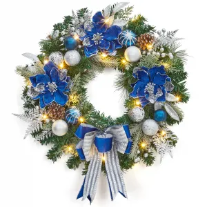 Christmas Wreath with Lights, 24 in Outdoor Christmas Wreaths for Front Door, Battery Operated Xmas Wreath with Silver Blue Ball Ornaments Bow & 20 LED Lights for Home Holiday Decor