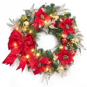 24 Inch Christmas Wreath with Lights - Battery Operated, Timer, 20 LED Lights - PVC, Red Gold Balls & Velvet Bow - Indoor Outdoor Decor