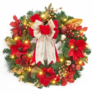 Christmas Wreath, 24'' Artificial Pre-Lit Christmas Wreaths for Front Door with 20 LED Lights & 8 Modes, Pine Needles & Red Berries, Accent Decor for Winter Holiday Home Office Apartment