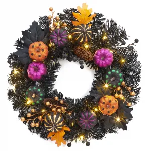 Halloween Wreath for Front Door, 20 Inch Light Up Pumpkin Wreaths with 20 LED Lights Black Branch Maple Leaves, Prelit Halloween Decorations for Indoor Outdoor Window Wall Decor