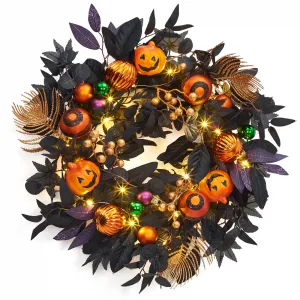 Halloween Wreath for Front Door, 20 Inch Light Up Pumpkin Wreaths with 20 LED Lights Ball Ornaments Berries, Prelit Halloween Decorations for Indoor Outdoor Window Decor