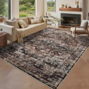 9x12 Washable Vintage Living Room Area Rug Non-Slip Brown Low Pile Stain Resistant Carpet