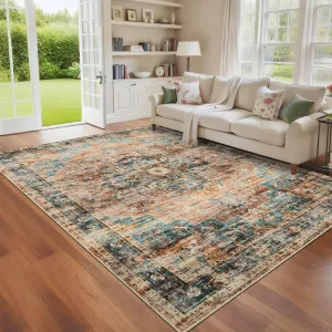 4x6 Washable Vintage Living Room Area Rug Non-Slip Indoor Bedroom Carpet Green & Brown