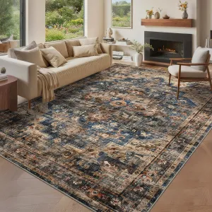 10x13 Washable Vintage Living Room Area Rug, Non-Slip, Low Pile, Blue & Brown