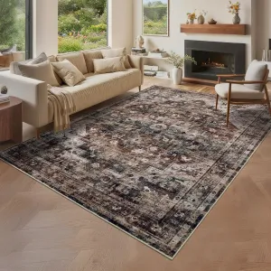 8x10 Washable Vintage Living Room Area Rug Non-Slip Brown Low Pile Stain Resistant Carpet