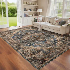 5x7 Washable Vintage Living Room Area Rug Non-Slip Large Blue & Brown