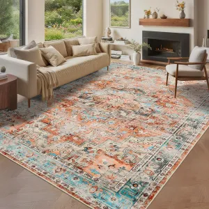 10x13 Washable Vintage Area Rug Non-Slip Indoor Living Room Bedroom Carpet Red