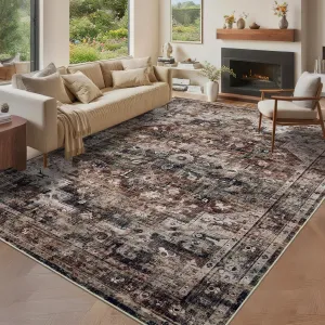 10x13 Washable Vintage Living Room Area Rug, Non-Slip Brown Low Pile Carpet for Bedroom Dining Room