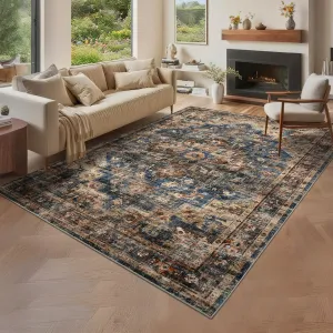 8x10 Washable Vintage Living Room Area Rug Non-Slip Blue&Brown Large Indoor Carpet