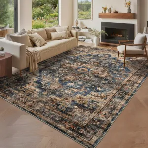 9x12 Washable Vintage Living Room Area Rug with Non-Slip Backing, Low Pile, Stain Resistant, Blue & Brown