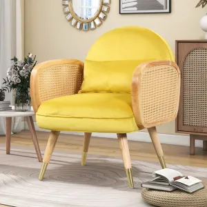 Modern Upholstered Dining Chairs with Metal Legs and Rattan Armrests, Velvet Cushion, Natural Color, Comfortable Seating