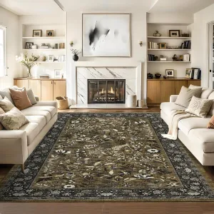 Botanical Area Rugs 10x13 Brown Washable Non-Slip Vintage Carpet for Living Room Bedroom Dining Room