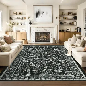 Washable Area Rugs Black Botanical Floral Rug 6x9 Low Pile Non-Slip Soft Stain Resistant Carpet for Living Room Bedroom Dining Room Nursery Laundry Home Office