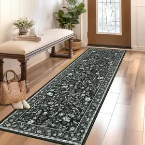 2x6 Washable Runner Rug Black Floral Non-Slip Kitchen Hallway Entryway Ultra-Thin Indoor Carpet